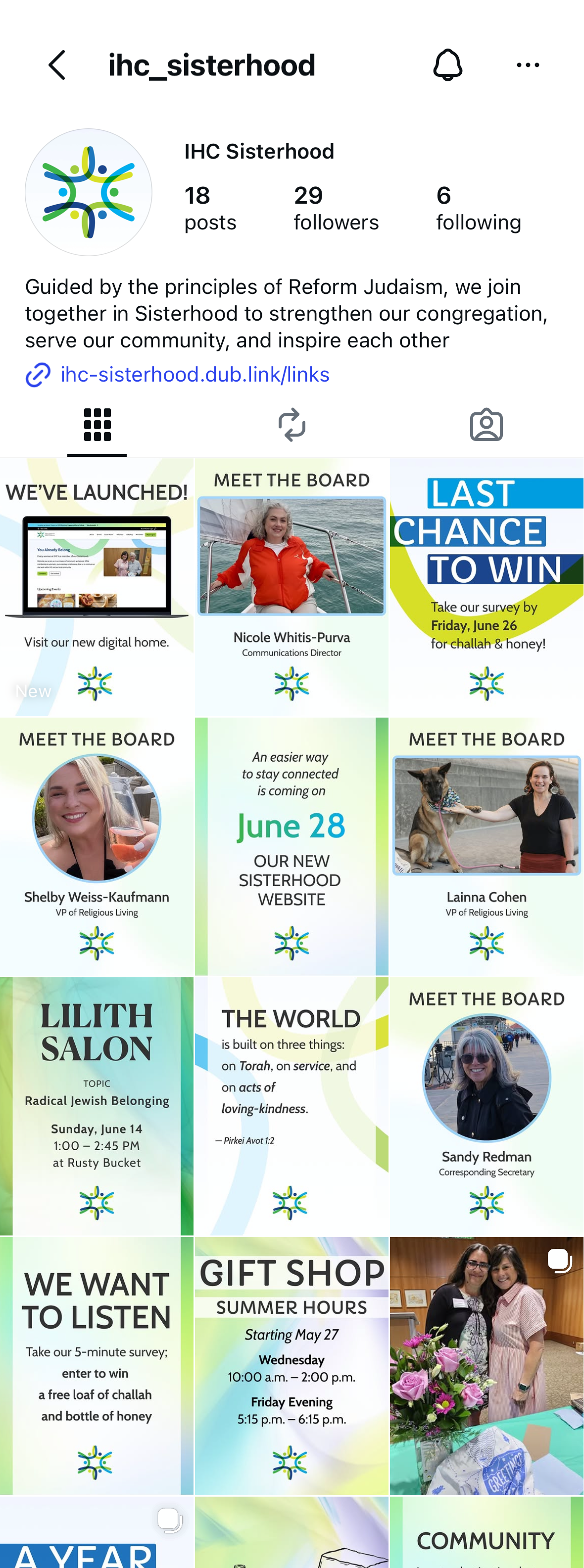 Instagram grid showing IHC Sisterhood brand templates
